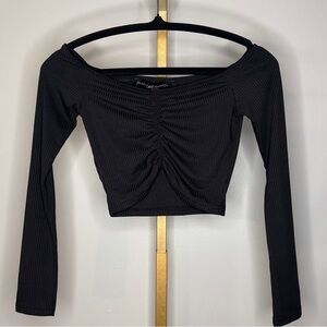 Black Ruched Off-Shoulder Crop Top